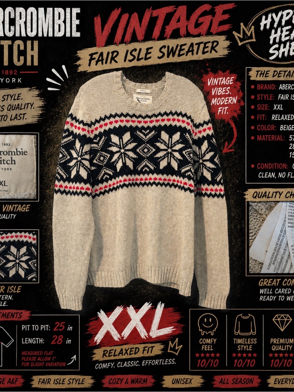 Abercrombie & Fitch Beige Fair Isle Crewneck Sweater with Navy & Red Pattern